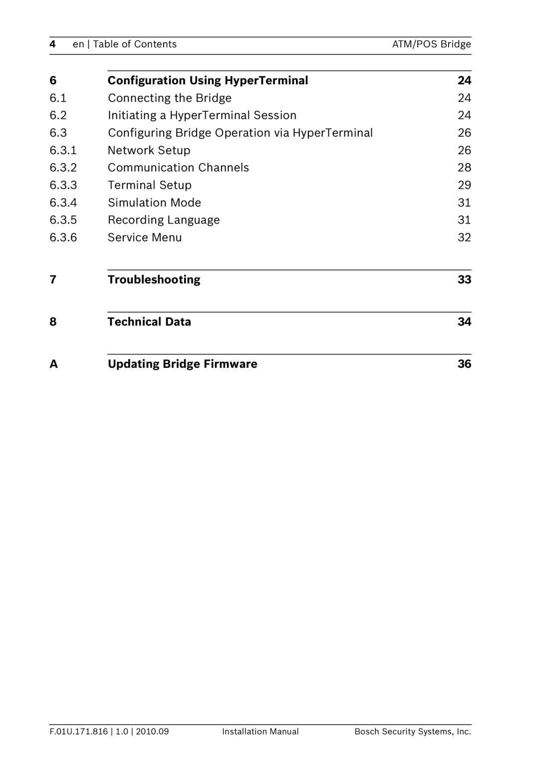 Bosch Appliances DVRXEAP01 Configuration Using HyperTerminal, Troubleshooting Technical Data Updating Bridge Firmware 