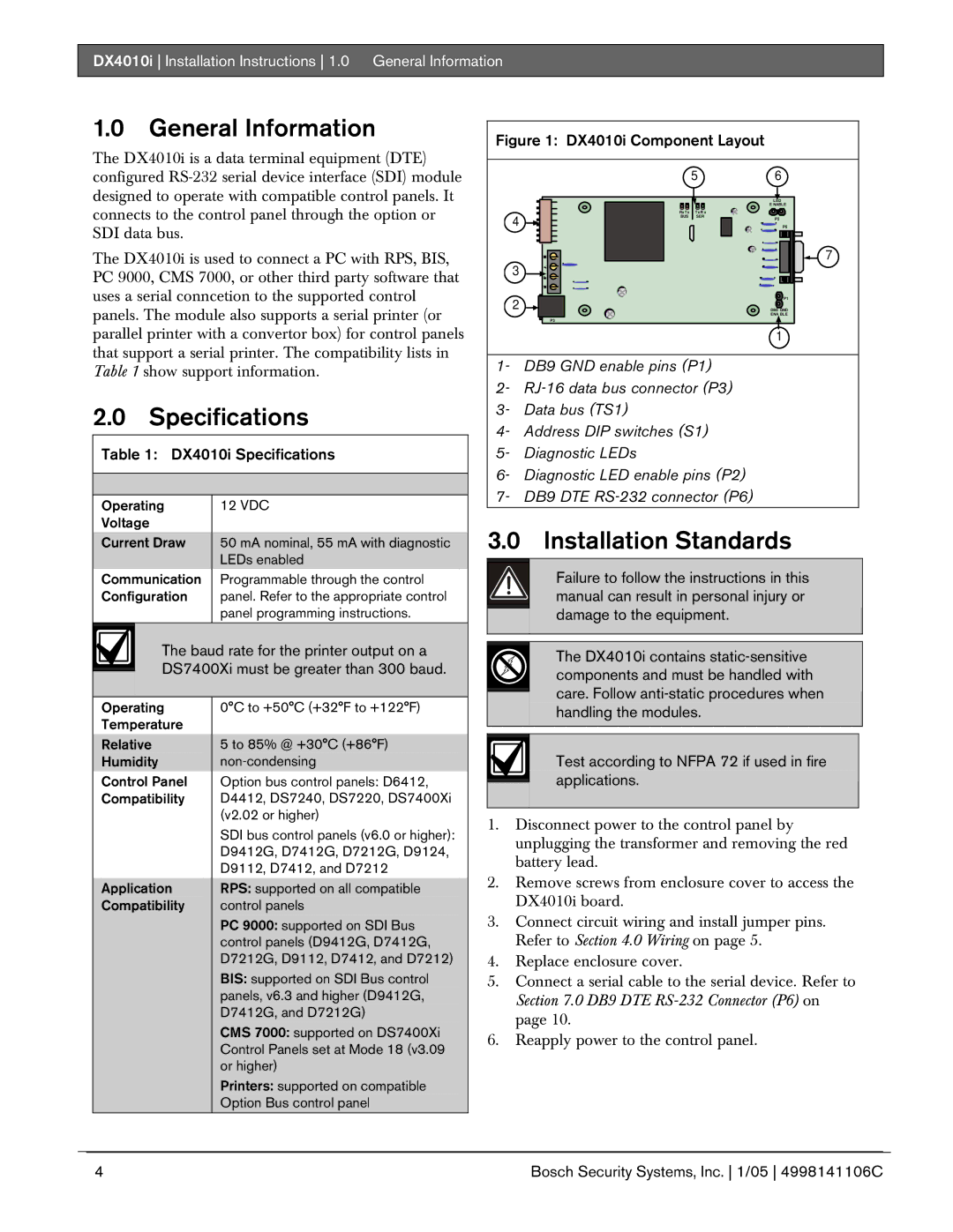 Bosch Appliances DX4010I installation instructions General Information, Installation Standards, DX4010i Specifications 