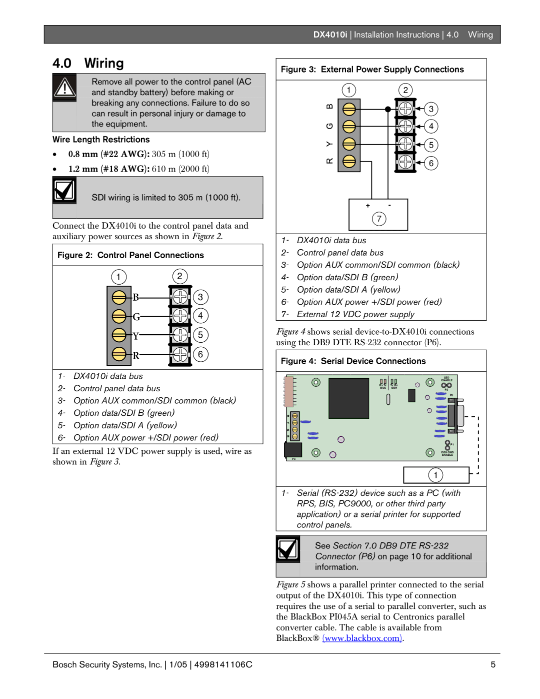 Bosch Appliances DX4010I installation instructions Wiring, SDI wiring is limited to 305 m 1000 ft 