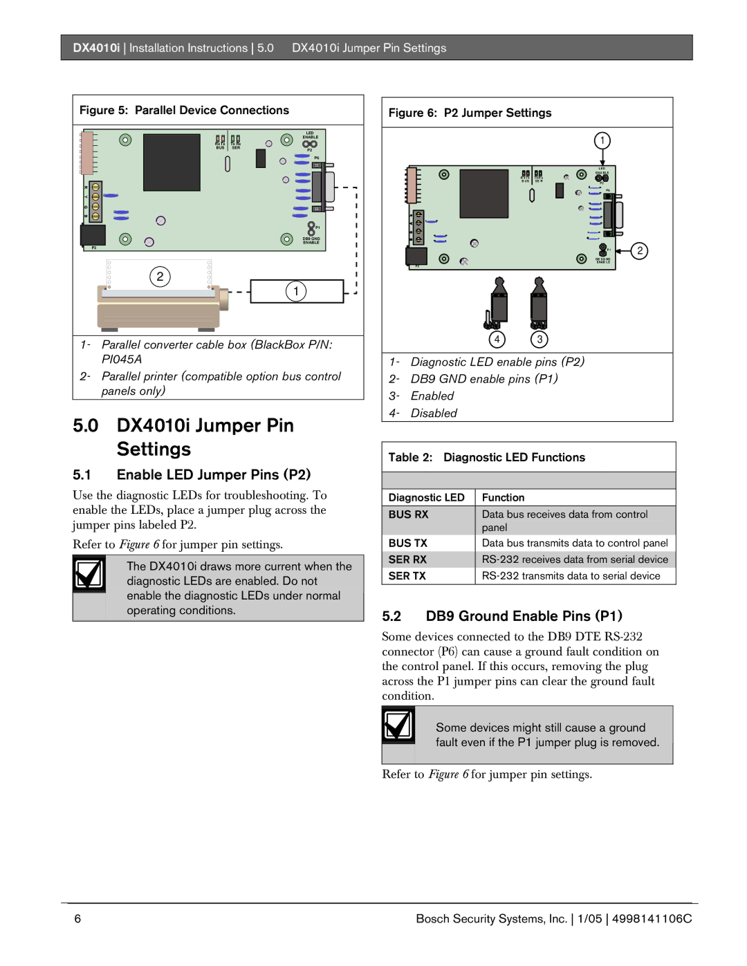 Bosch Appliances DX4010I DX4010i Jumper Pin Settings, Enable LED Jumper Pins P2, DB9 Ground Enable Pins P1 