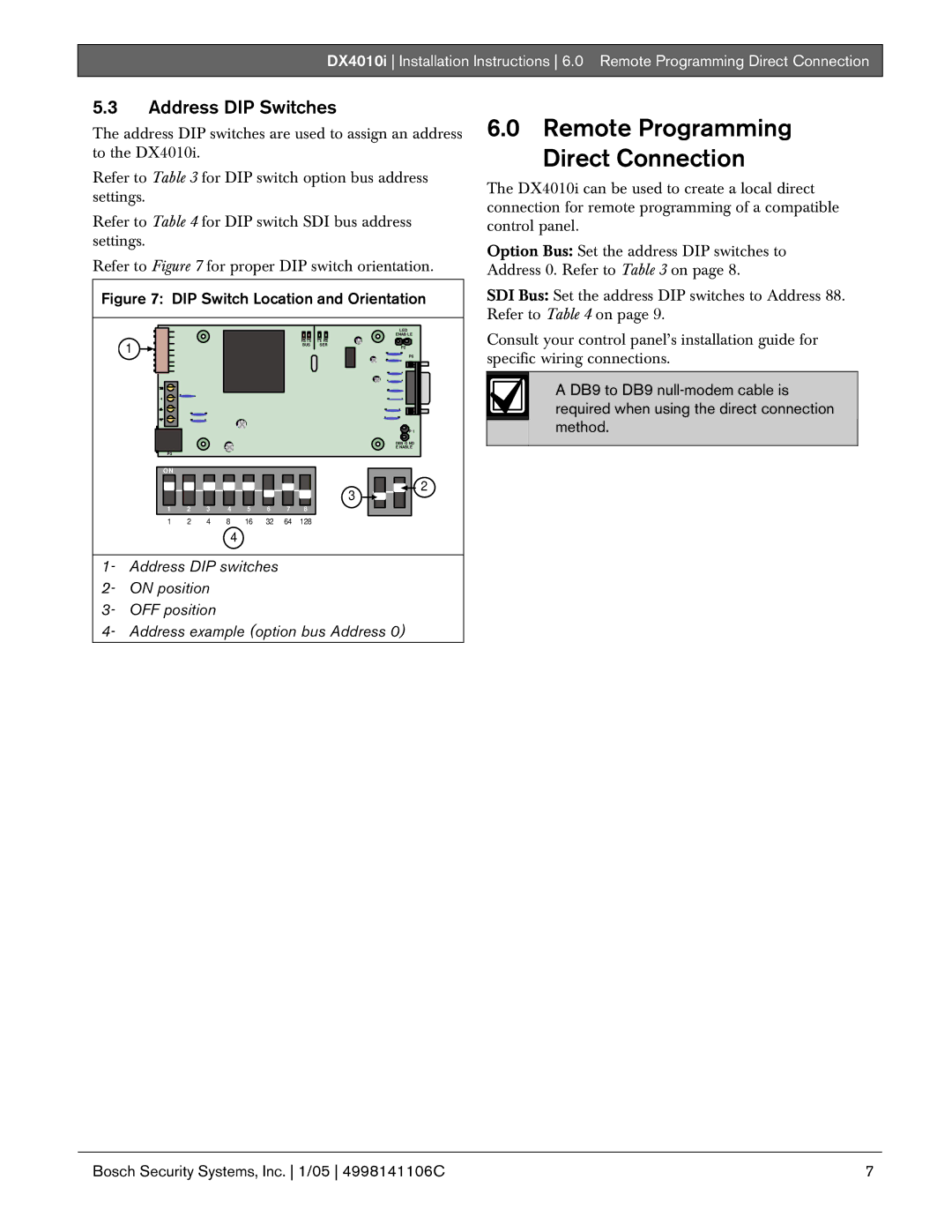 Bosch Appliances DX4010I installation instructions Remote Programming Direct Connection, Address DIP Switches 