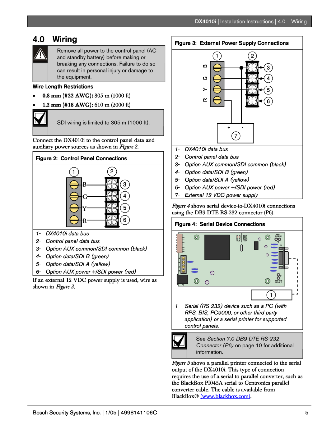 Bosch Appliances DX4010I DX4010i | Installation Instructions | 4.0 Wiring, Option AUX common/SDI common black 
