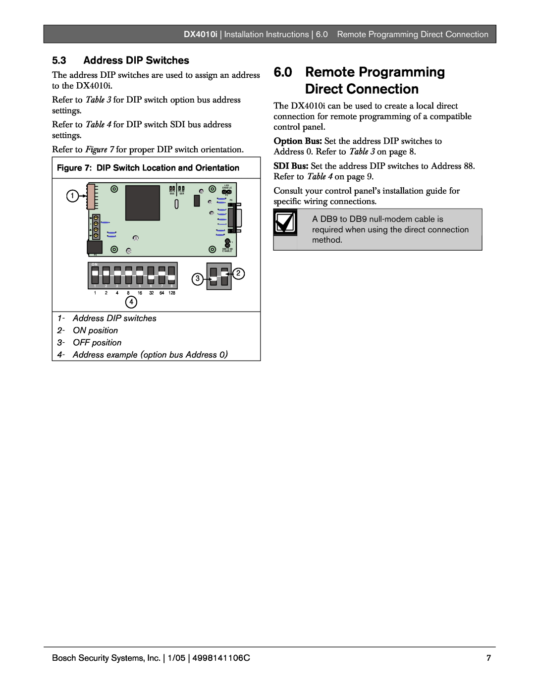 Bosch Appliances DX4010I Remote Programming Direct Connection, 5.3Address DIP Switches, OFF position 