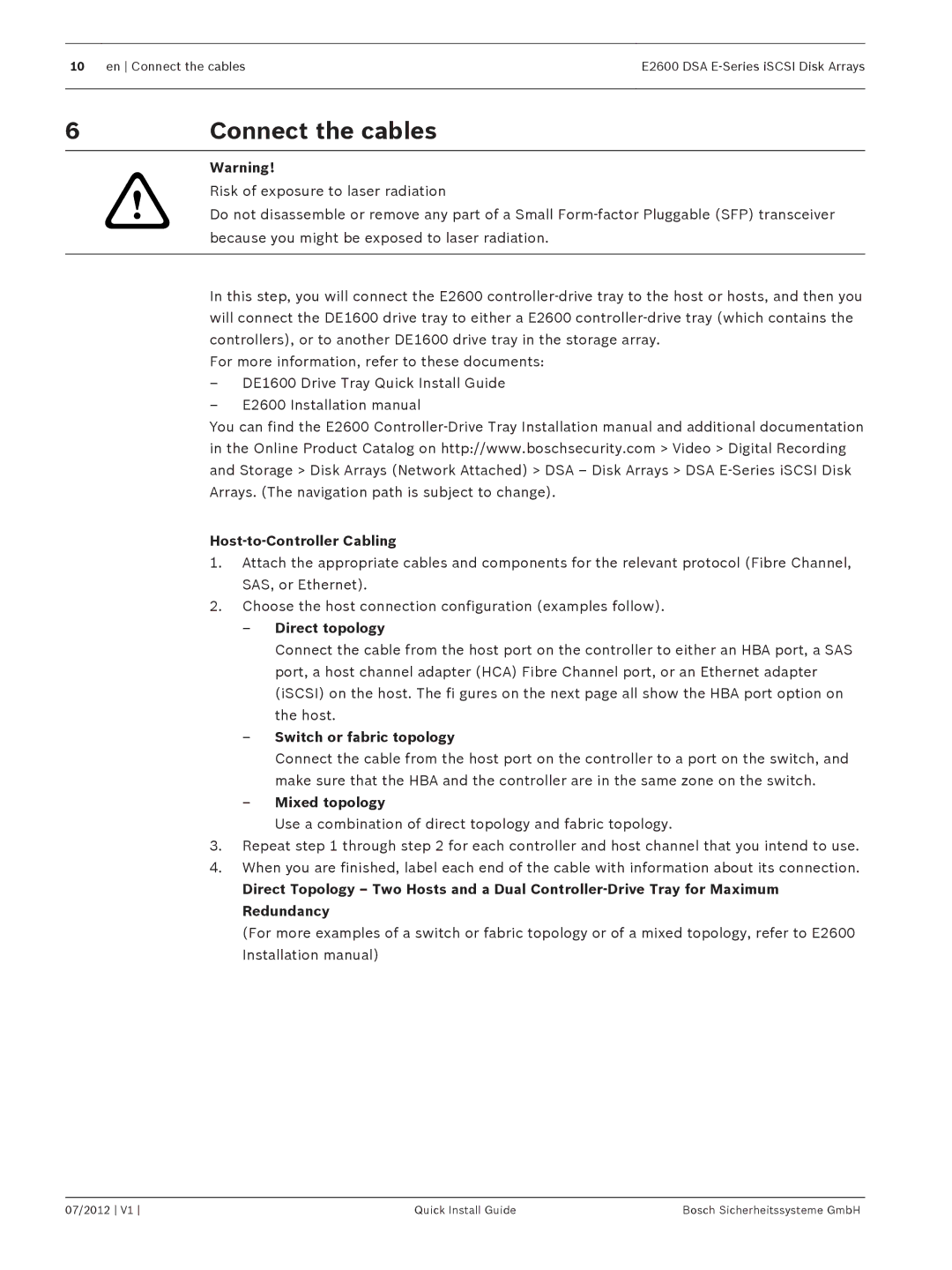 Bosch Appliances E2600 manual Connect the cables, Host-to-Controller Cabling 