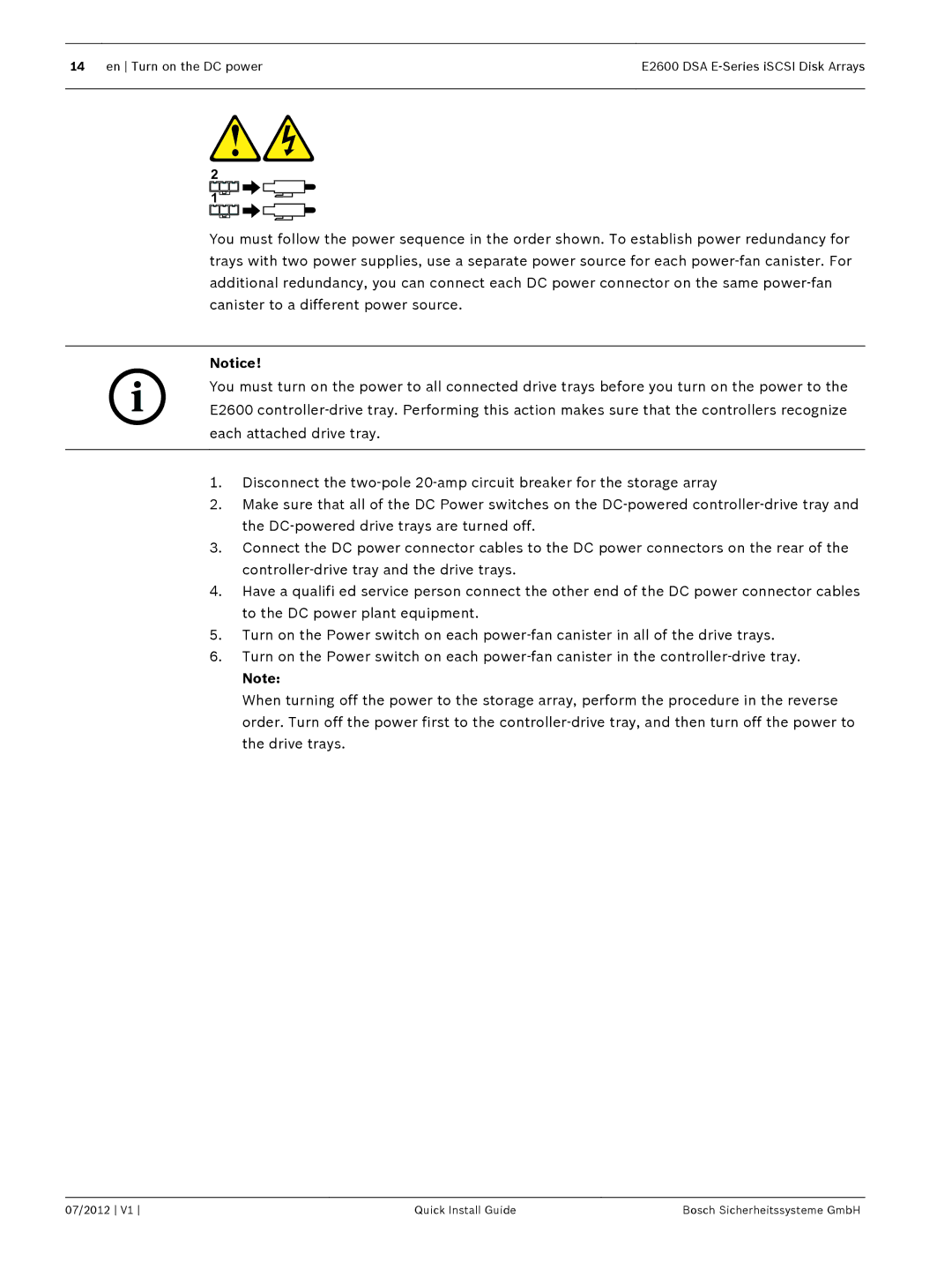 Bosch Appliances manual En Turn on the DC power E2600 DSA E-Series iSCSI Disk Arrays 