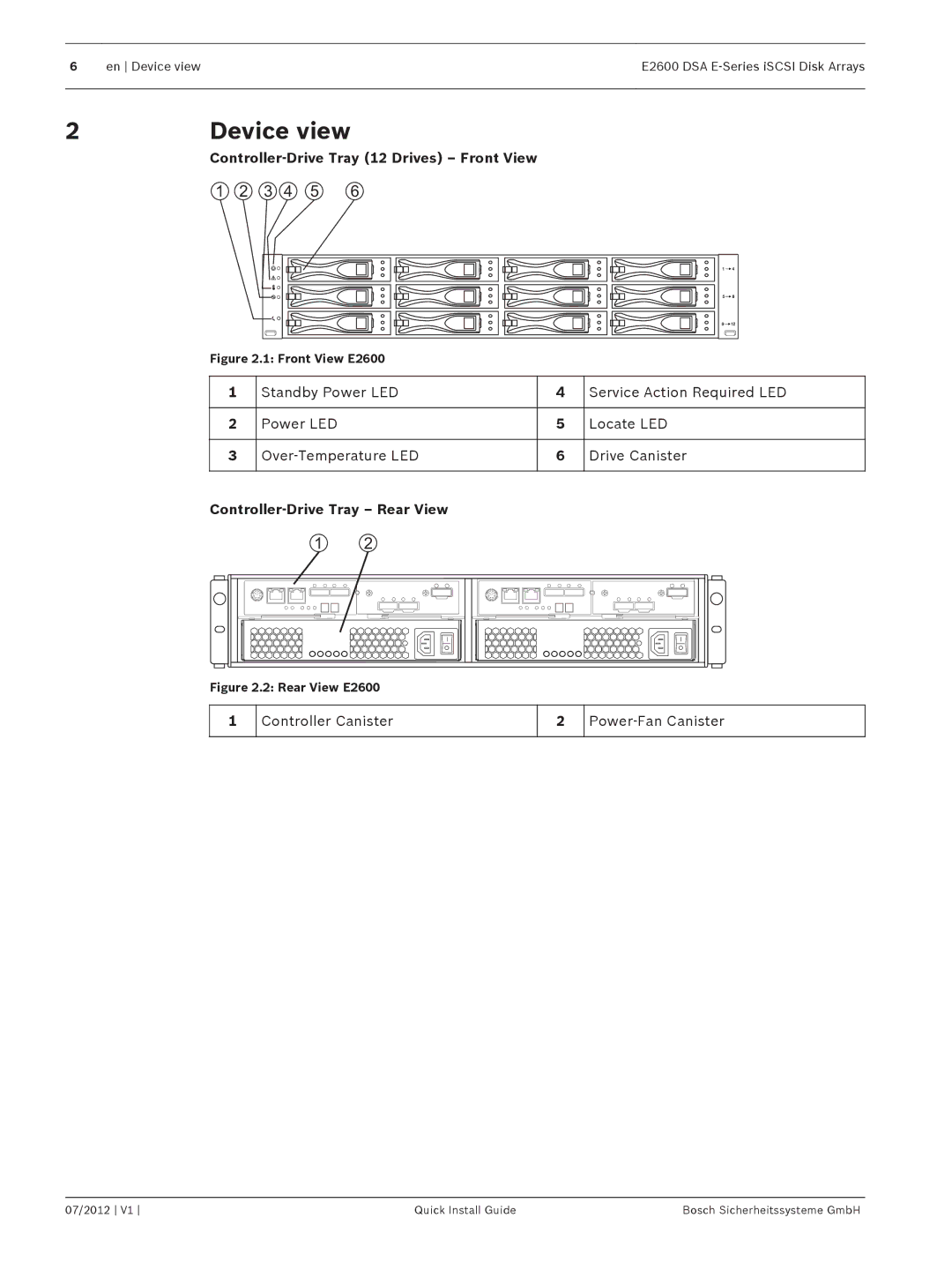 Bosch Appliances E2600 manual Device view, Controller-Drive Tray 12 Drives Front View 