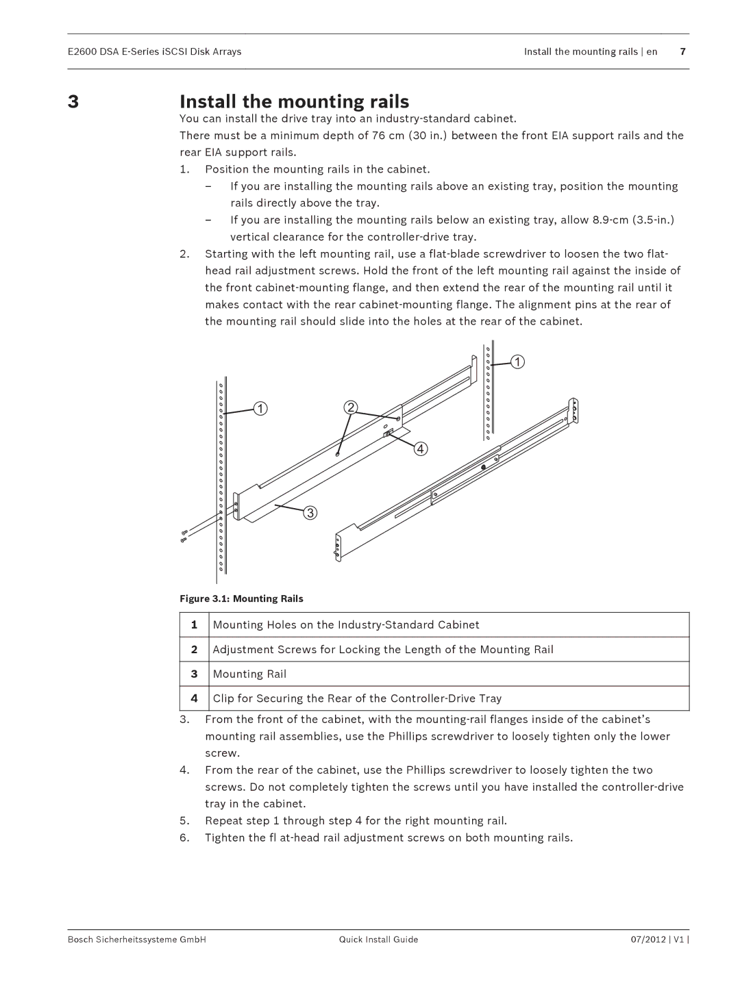 Bosch Appliances E2600 manual Install the mounting rails, Mounting Rails 