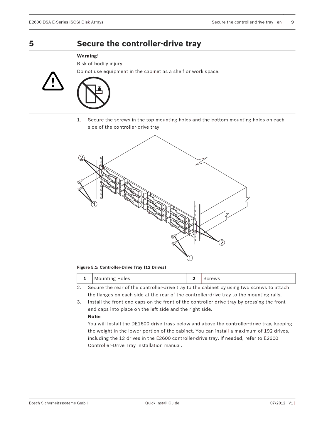 Bosch Appliances E2600 manual 5Secure the controller-drive tray, Controller-Drive Tray 12 Drives 