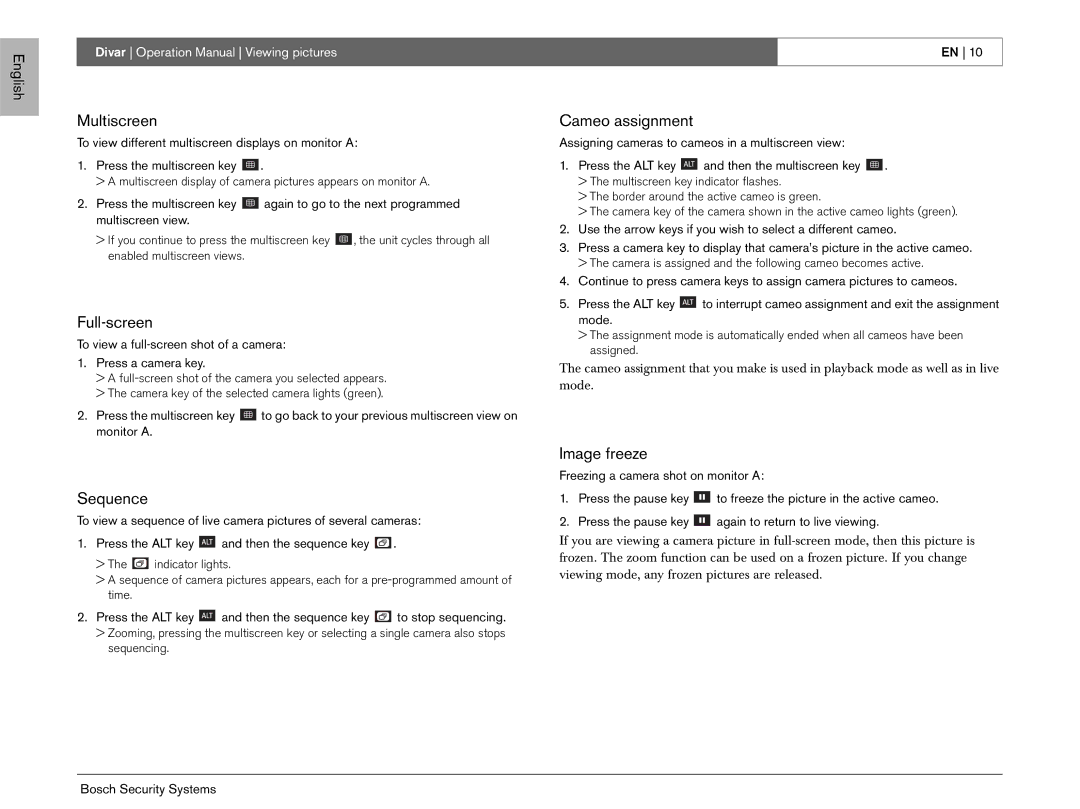 Bosch Appliances EN operation manual Multiscreen, Full-screen, Cameo assignment, Sequence, Image freeze 