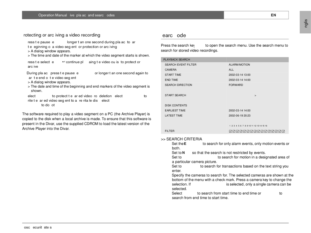 Bosch Appliances EN operation manual Search mode, Protecting or archiving a video recording 