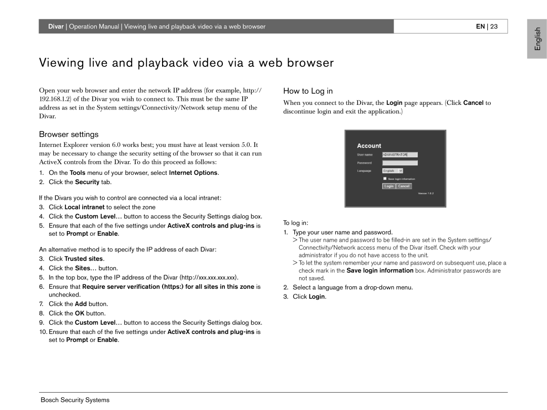 Bosch Appliances EN operation manual Viewing live and playback video via a web browser, How to Log, Browser settings 