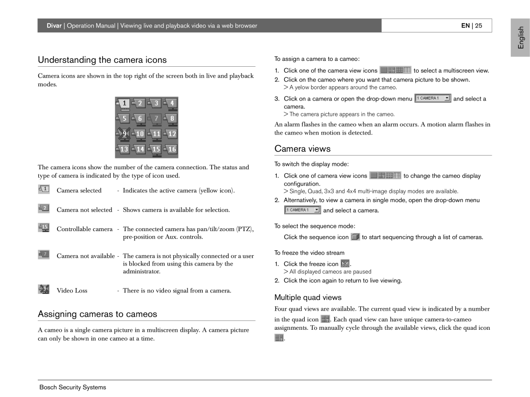 Bosch Appliances EN Understanding the camera icons, Camera views, Assigning cameras to cameos, Multiple quad views 