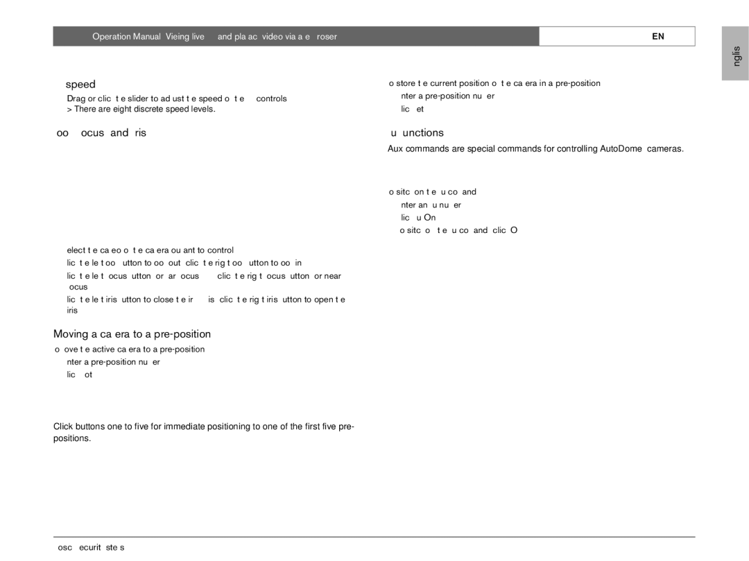 Bosch Appliances EN operation manual PTZ speed, Zoom, Focus, and Iris Aux functions, Moving a camera to a pre-position 