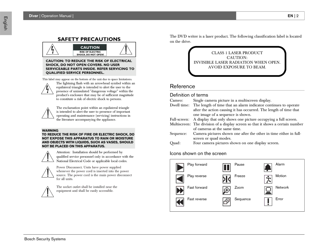 Bosch Appliances EN operation manual Reference, Definition of terms, Icons shown on the screen 