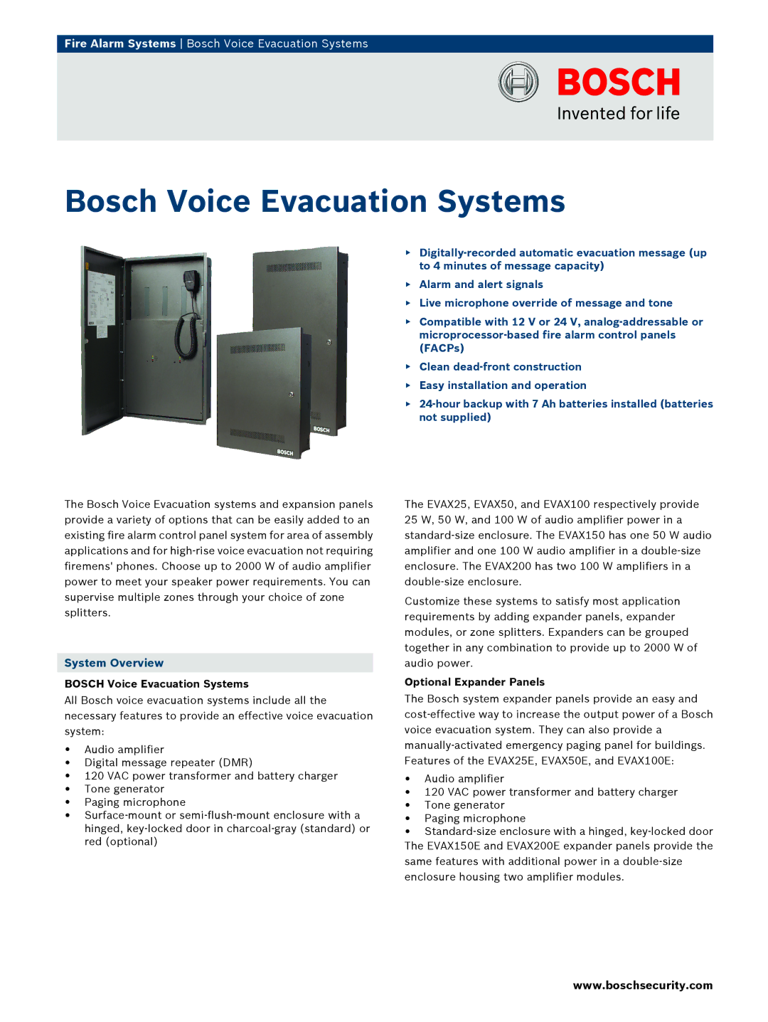 Bosch Appliances EVAX25E manual System Overview, Bosch Voice Evacuation Systems, Optional Expander Panels 