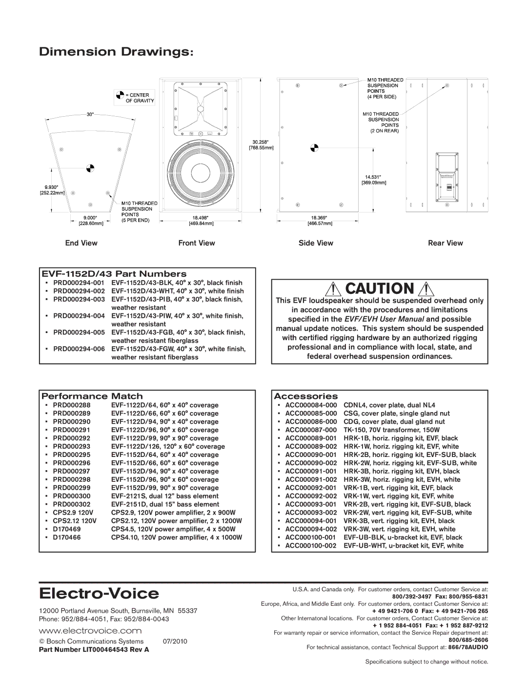 Bosch Appliances EVF-1152D/43-FG technical specifications Dimension Drawings, EVF-1152D/43 Part Numbers 