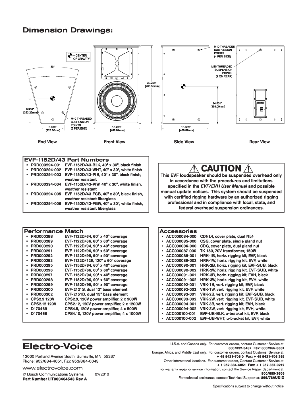 Bosch Appliances EVF-1152D/43-FG Dimension Drawings, Electro-Voice, EVF-1152D/43Part Numbers, Performance Match, End View 