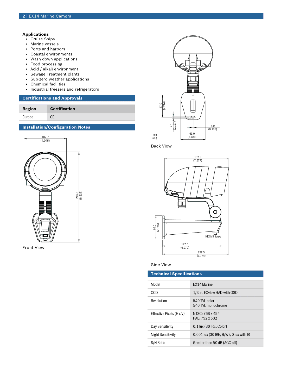 Bosch Appliances EX14 manual Certifications and Approvals, Installation/Configuration Notes, Technical Specifications, Ccd 