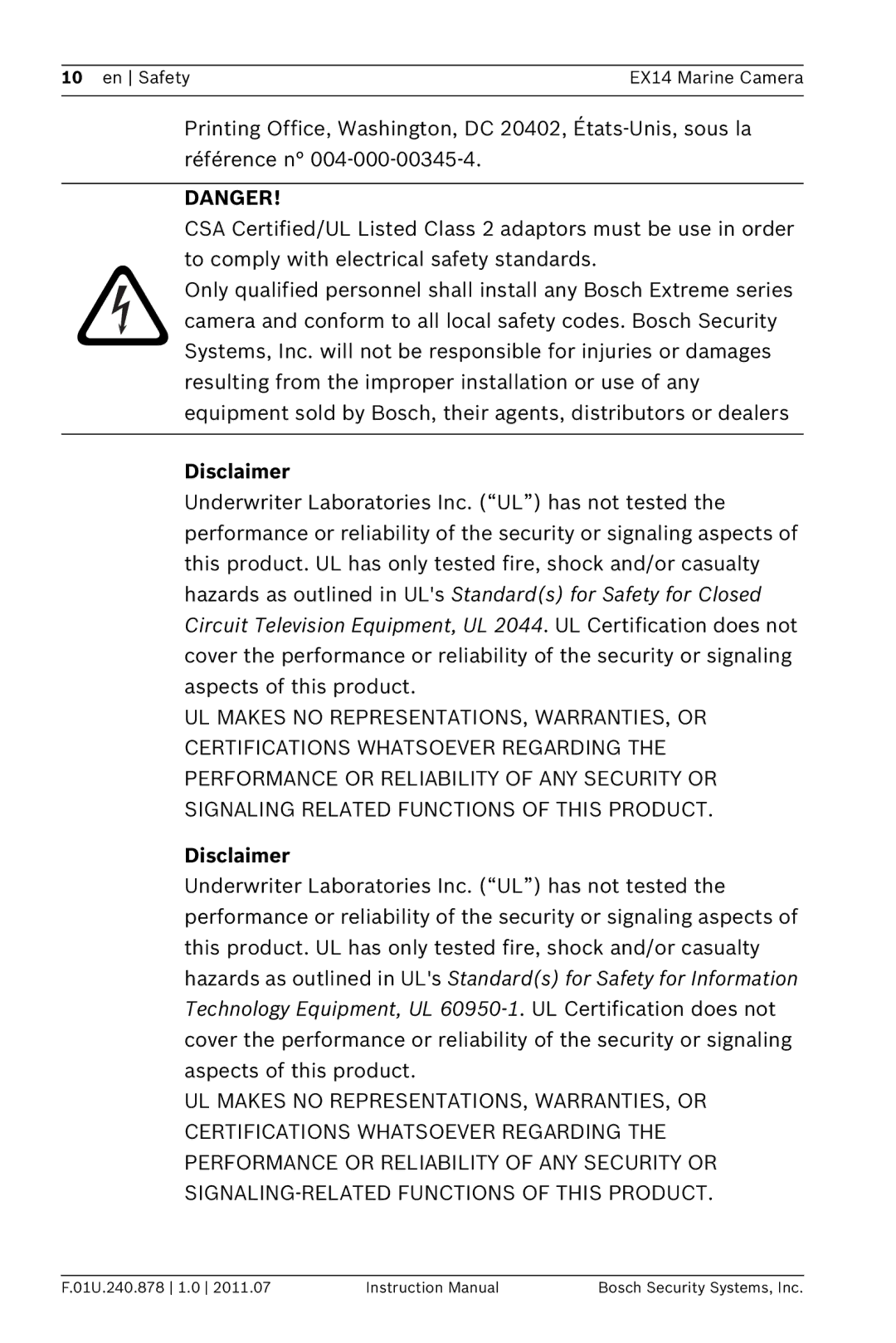 Bosch Appliances EX14 instruction manual Disclaimer 