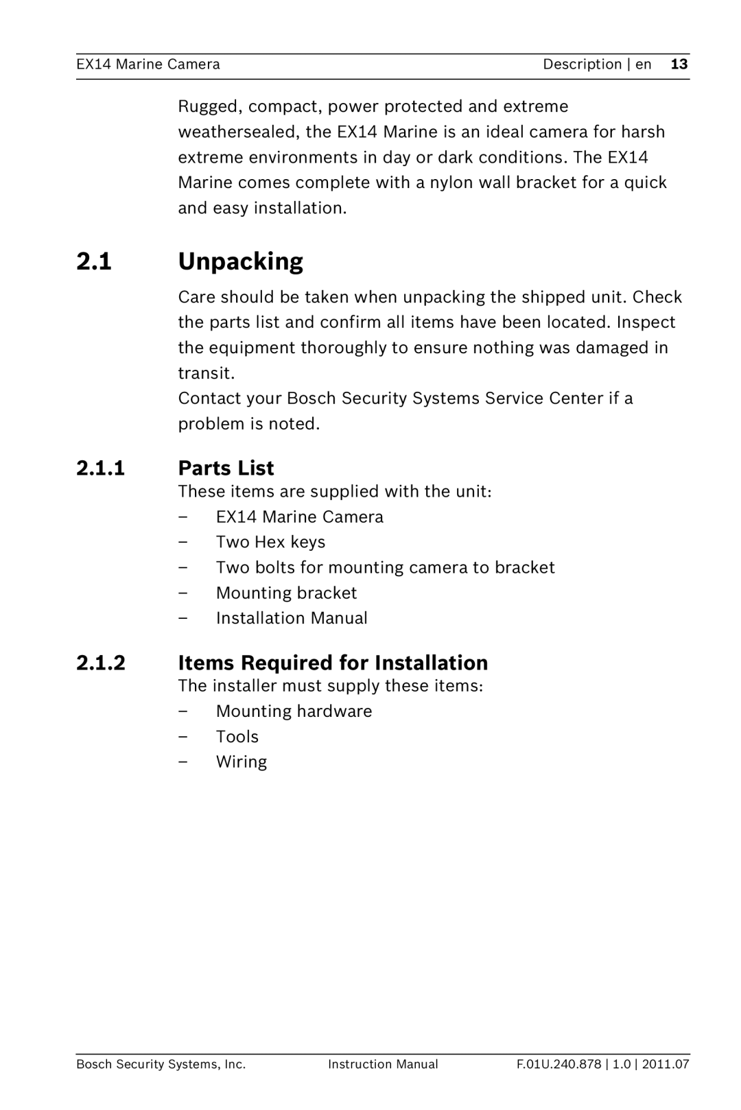 Bosch Appliances EX14 instruction manual Unpacking, Parts List, Items Required for Installation 