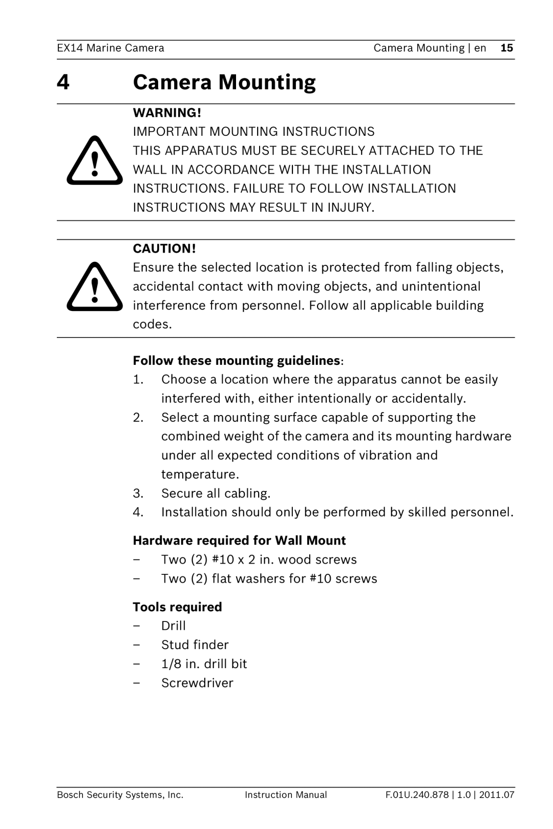 Bosch Appliances EX14 Camera Mounting, Follow these mounting guidelines, Hardware required for Wall Mount, Tools required 