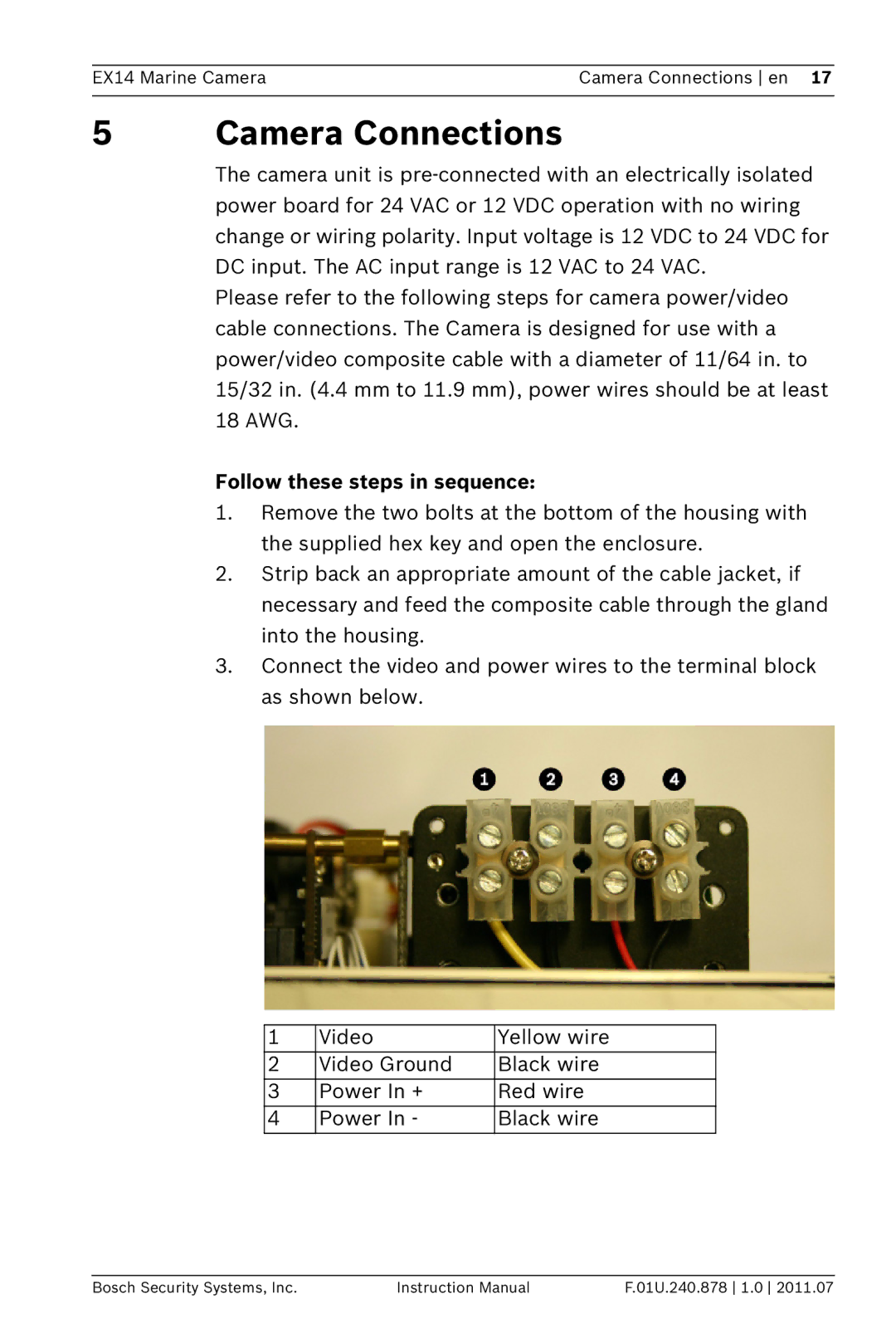 Bosch Appliances EX14 instruction manual Camera Connections, Follow these steps in sequence 