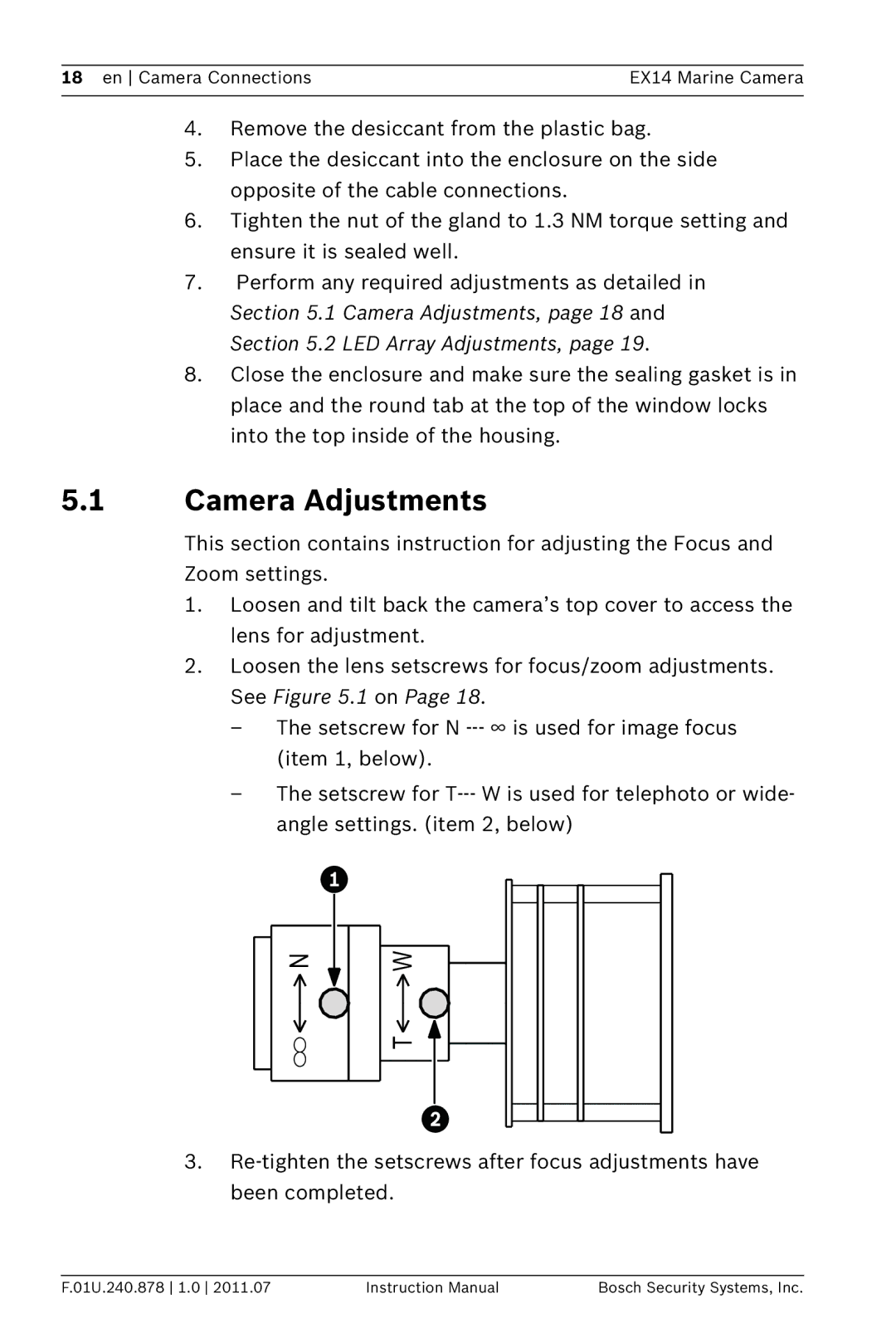 Bosch Appliances EX14 instruction manual Camera Adjustments, page 18 LED Array Adjustments 