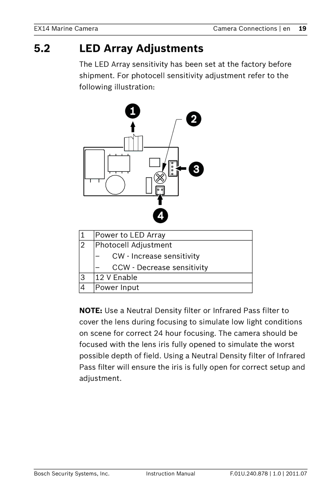 Bosch Appliances EX14 instruction manual LED Array Adjustments 