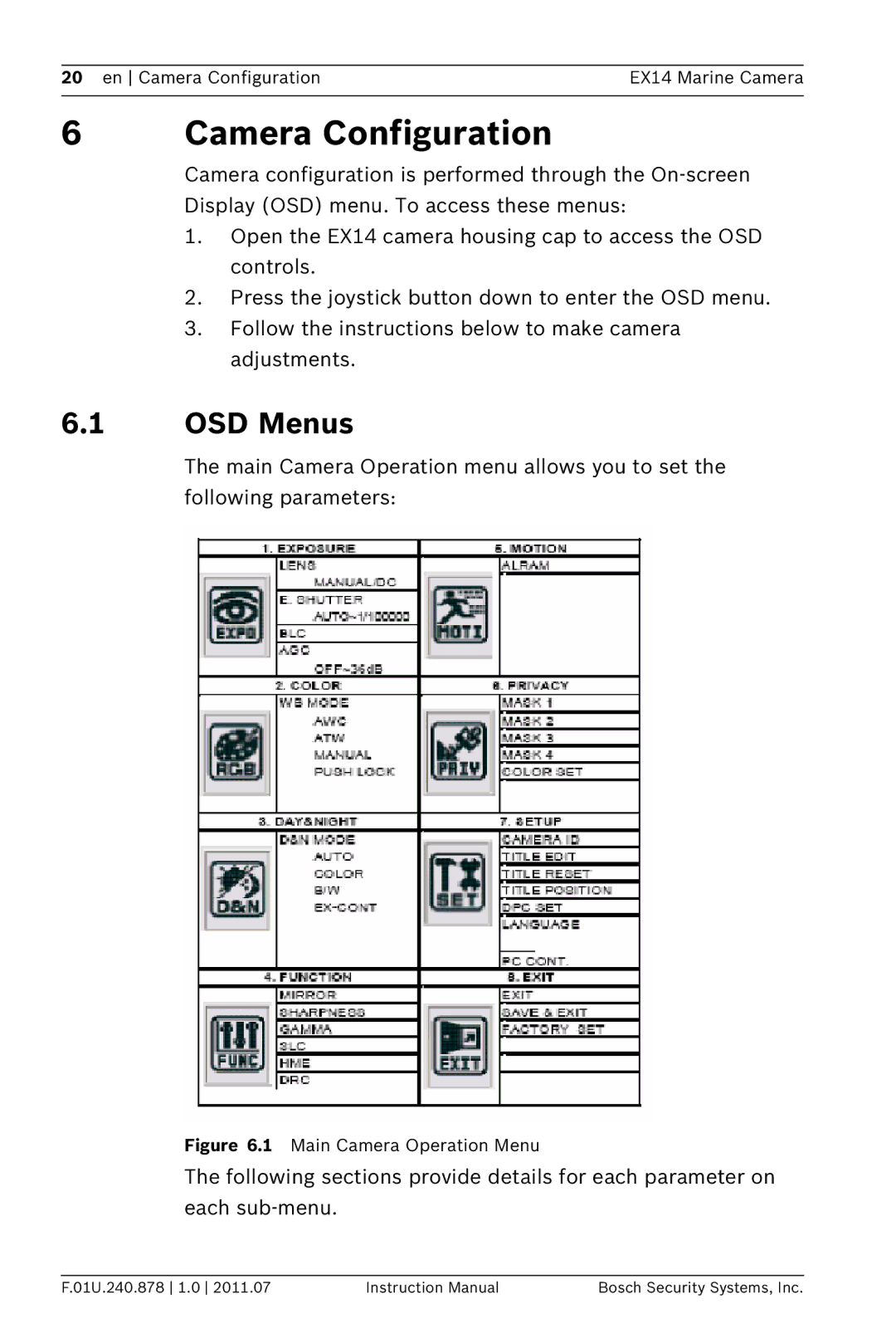 Bosch Appliances EX14 instruction manual Camera Configuration, OSD Menus 