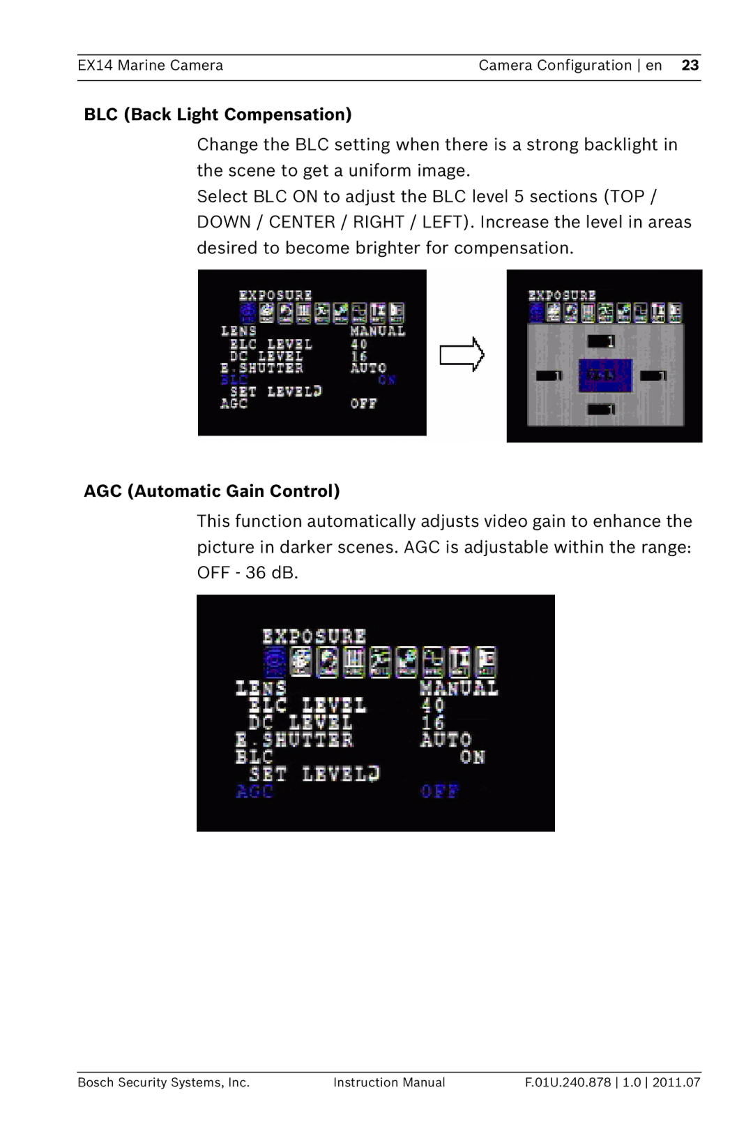 Bosch Appliances EX14 instruction manual BLC Back Light Compensation, AGC Automatic Gain Control 