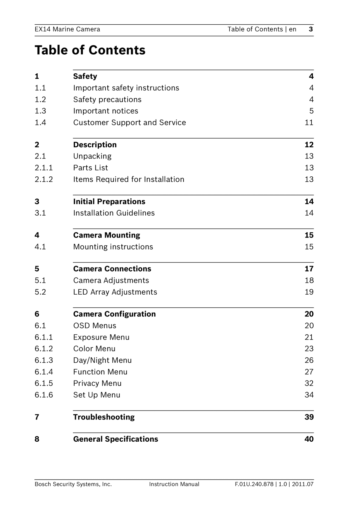 Bosch Appliances EX14 instruction manual Table of Contents 