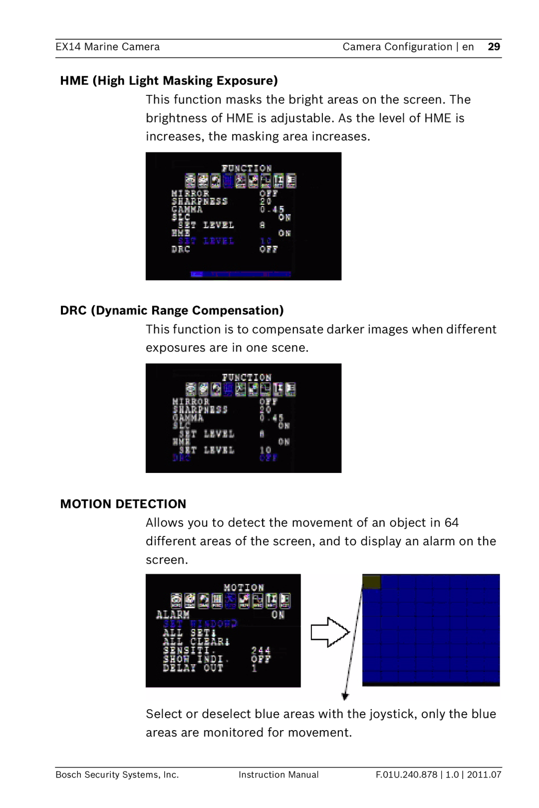 Bosch Appliances EX14 instruction manual HME High Light Masking Exposure, DRC Dynamic Range Compensation, Motion Detection 