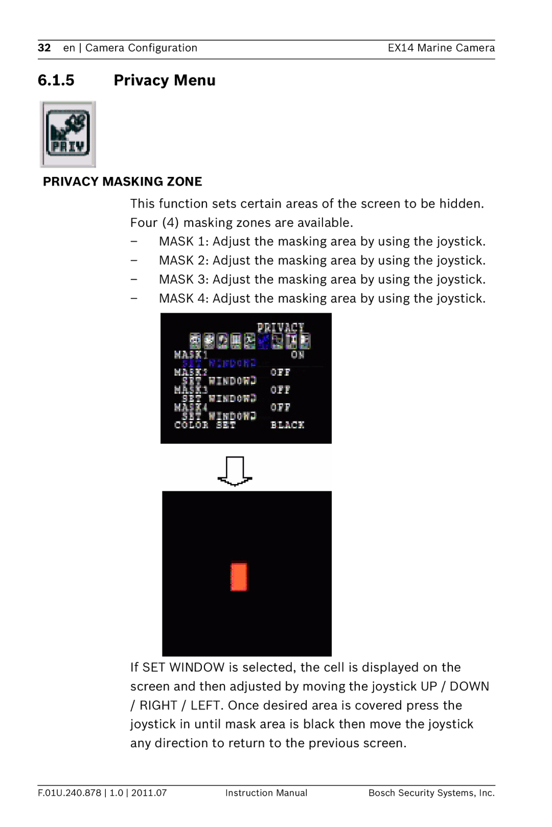 Bosch Appliances EX14 instruction manual Privacy Menu, Privacy Masking Zone 