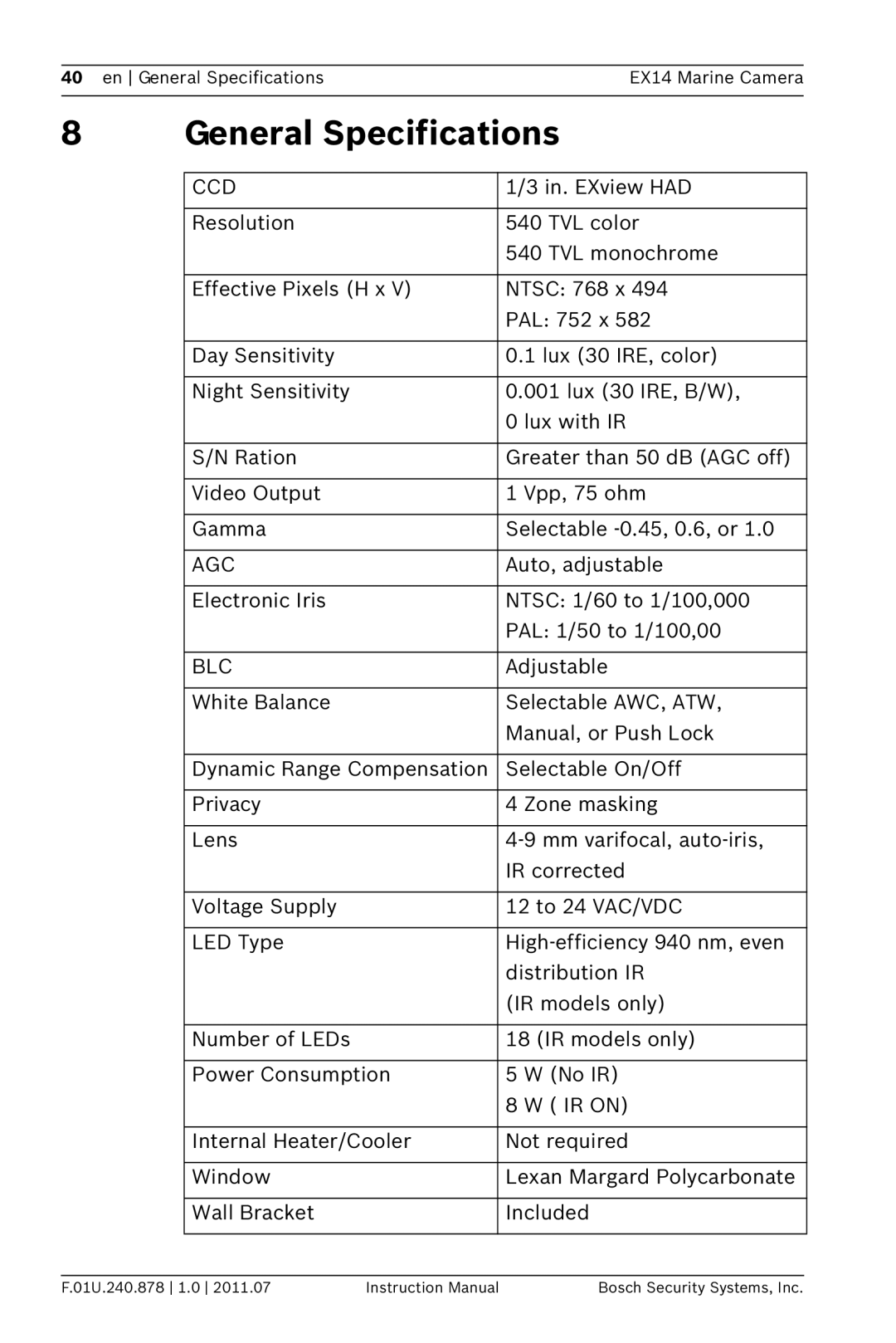 Bosch Appliances EX14 instruction manual General Specifications, Ccd 