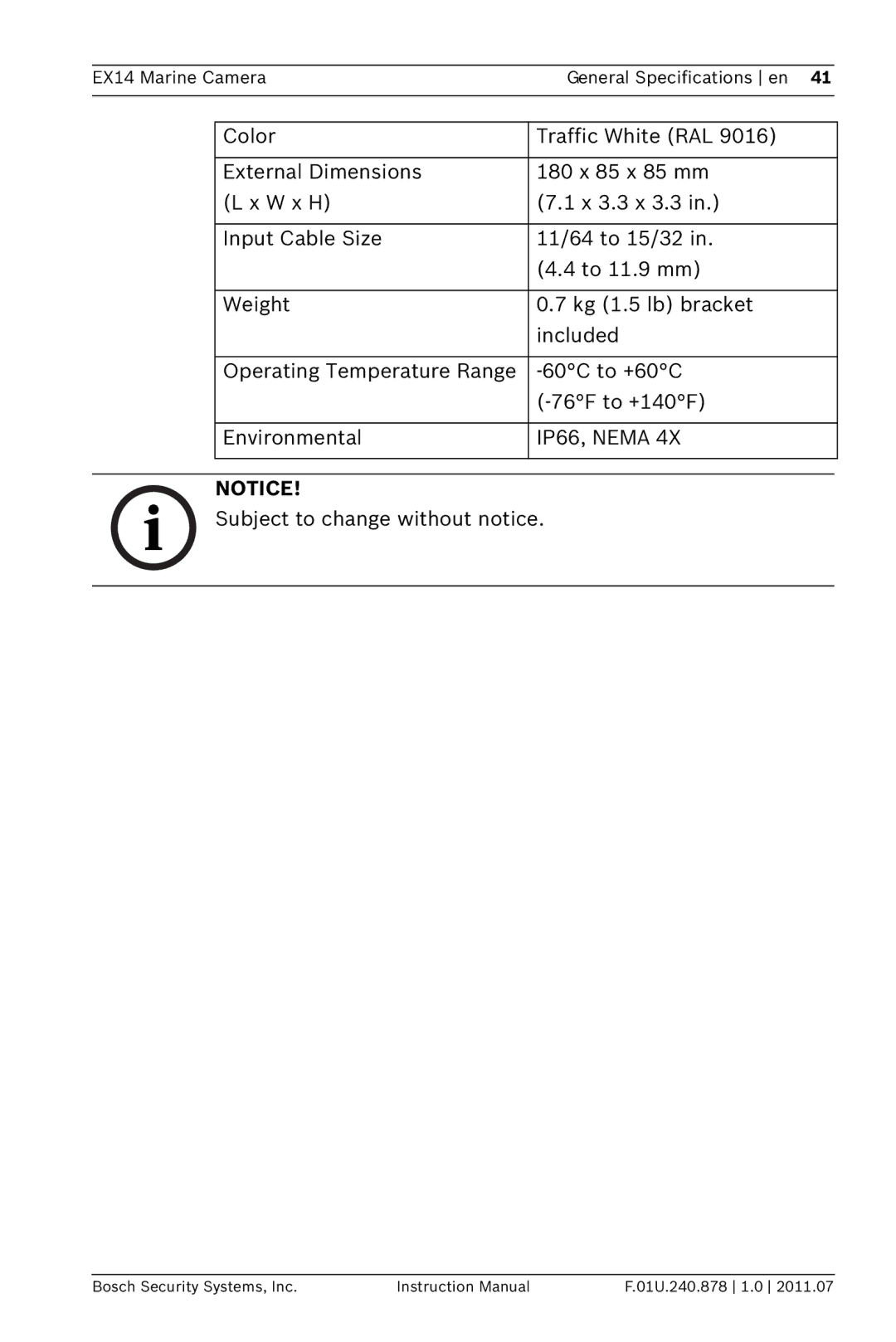 Bosch Appliances EX14 instruction manual IP66, Nema 