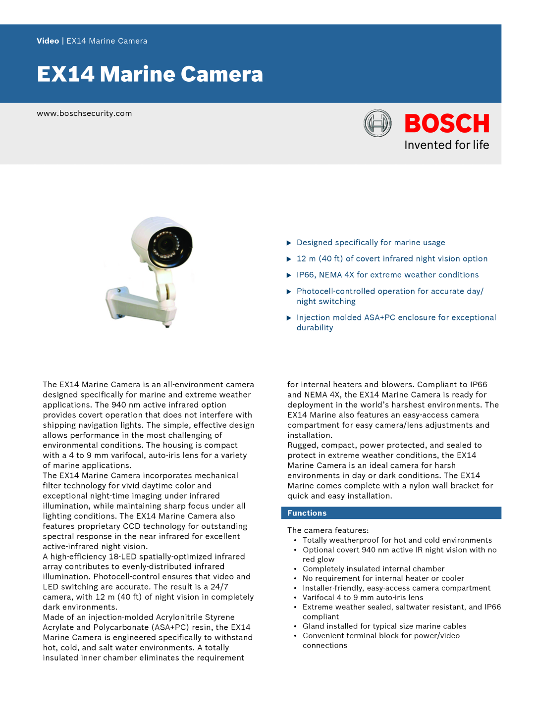 Bosch Appliances manual Video EX14 Marine Camera, Functions, u Designed specifically for marine usage 