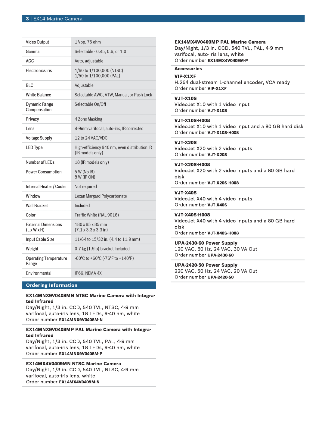 Bosch Appliances manual 3 EX14 Marine Camera, Ordering Information 