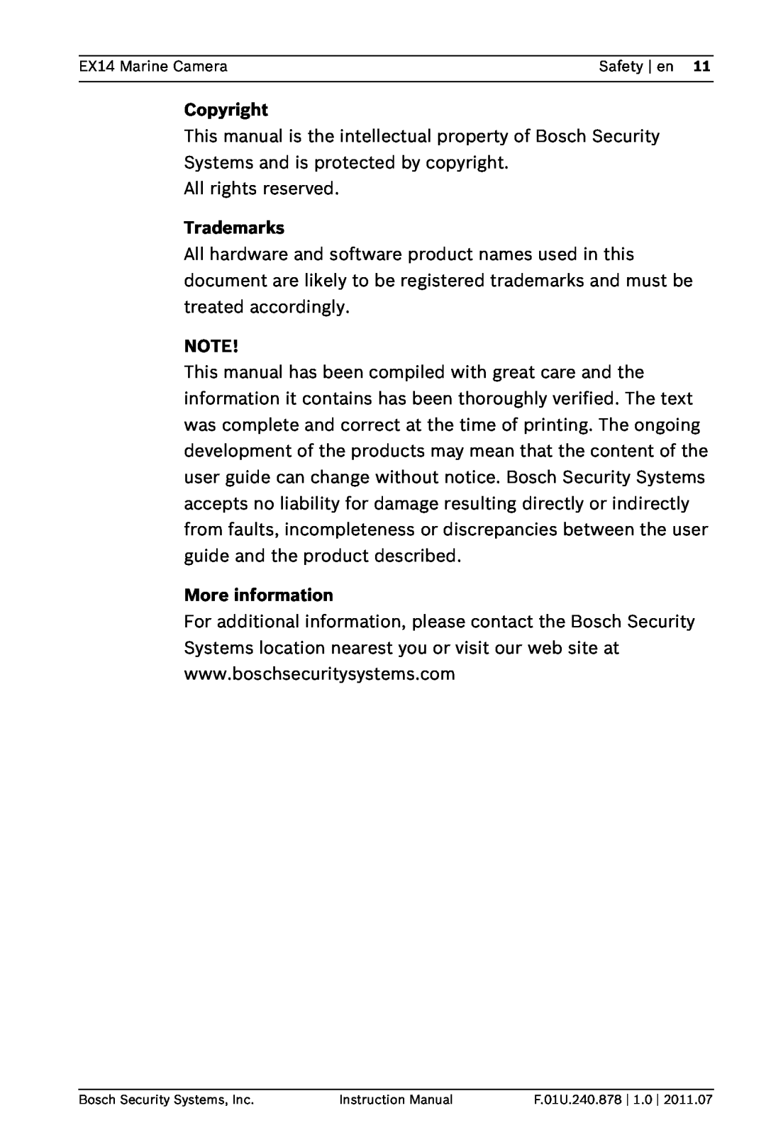 Bosch Appliances EX14 instruction manual Copyright, Trademarks, More information 