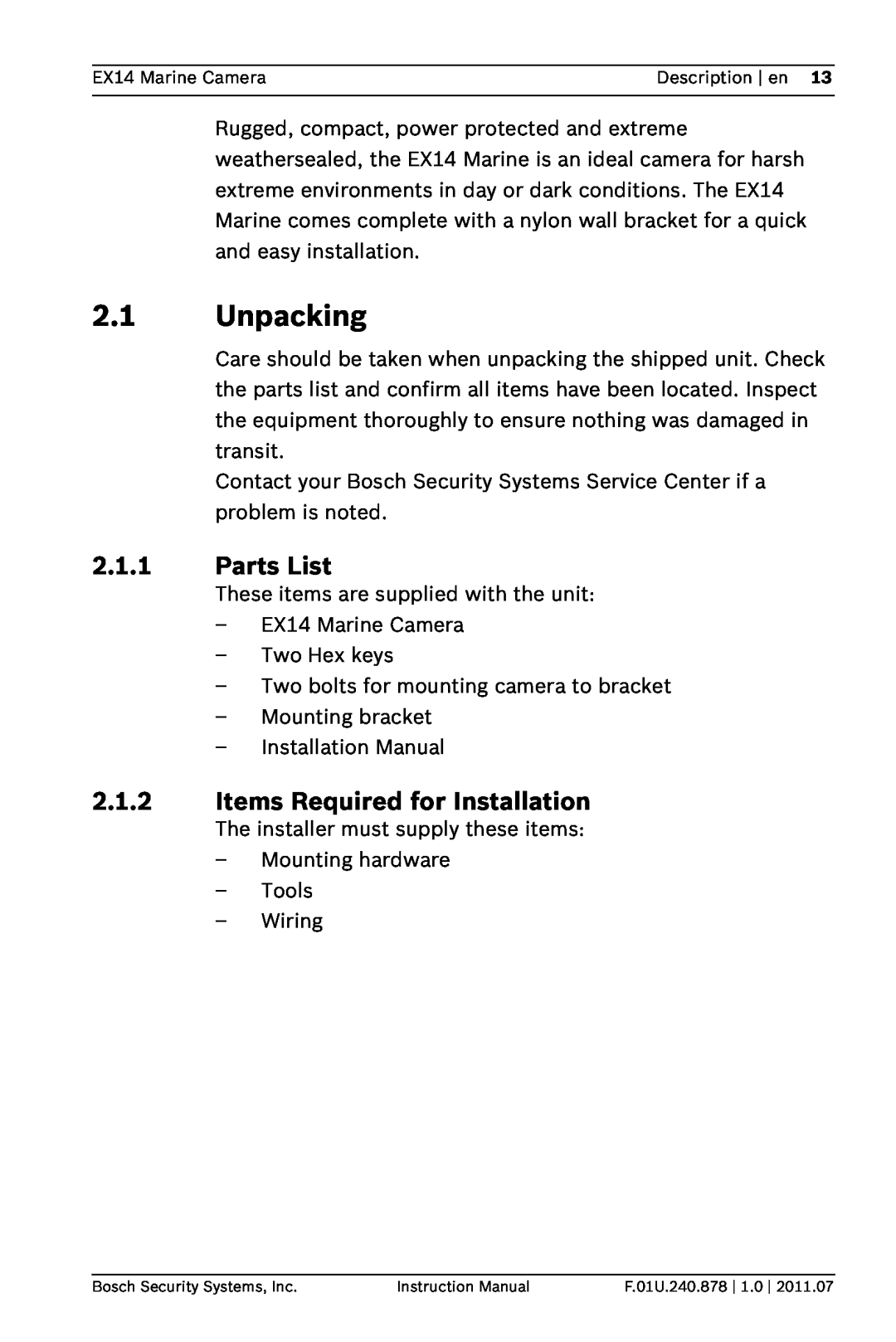 Bosch Appliances EX14 instruction manual Unpacking, Parts List, Items Required for Installation 