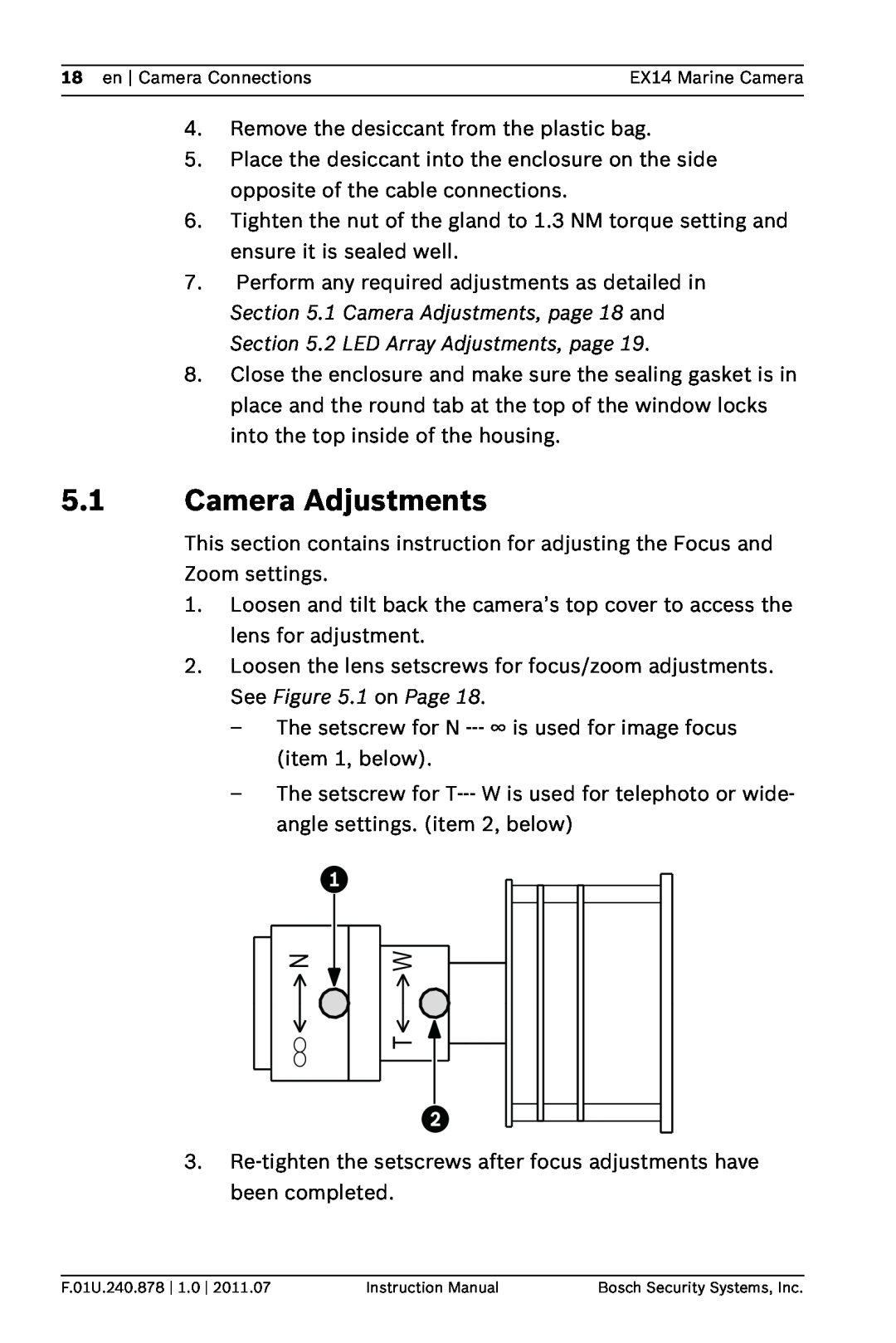 Bosch Appliances EX14 instruction manual Camera Adjustments 