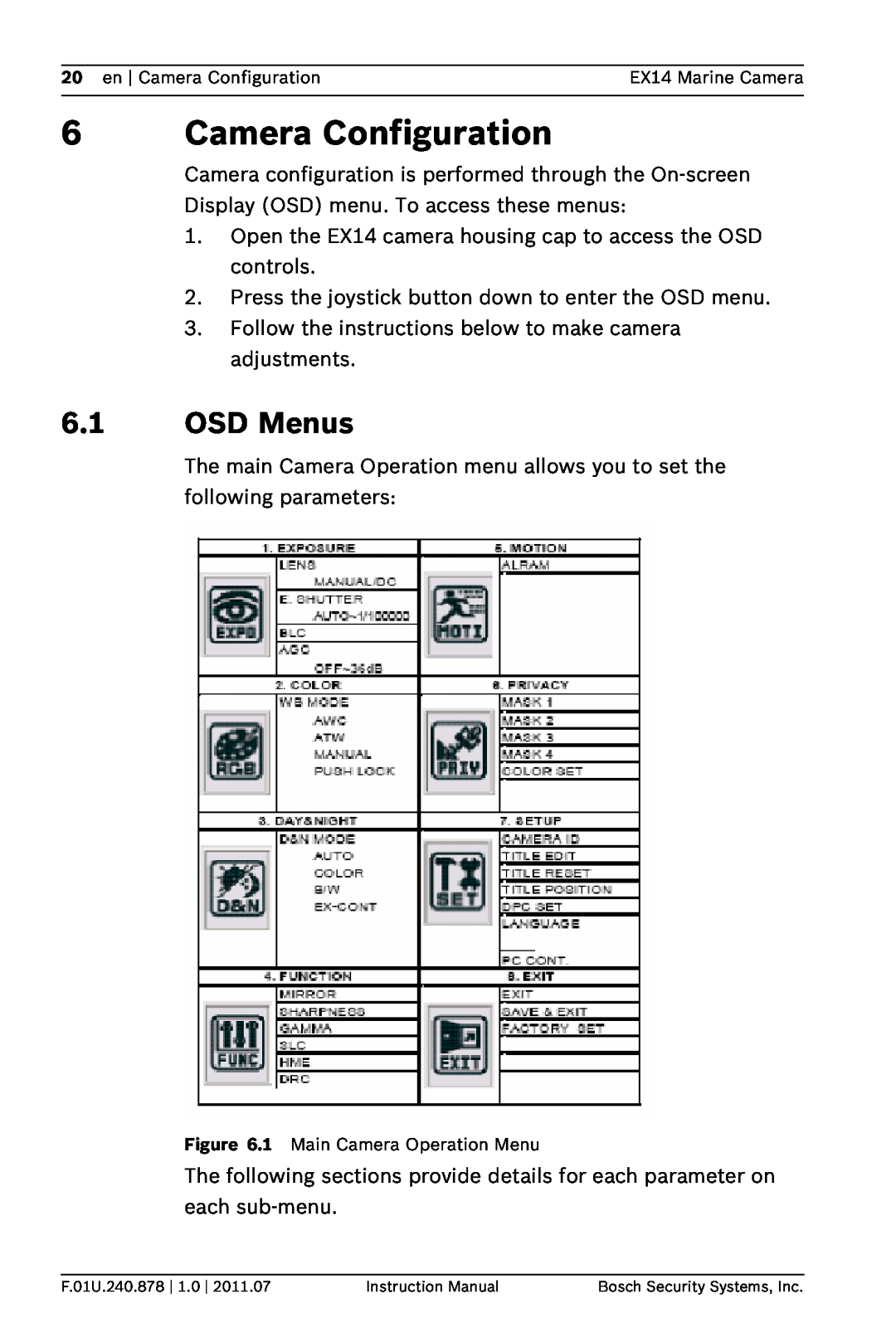 Bosch Appliances EX14 instruction manual Camera Configuration, OSD Menus 