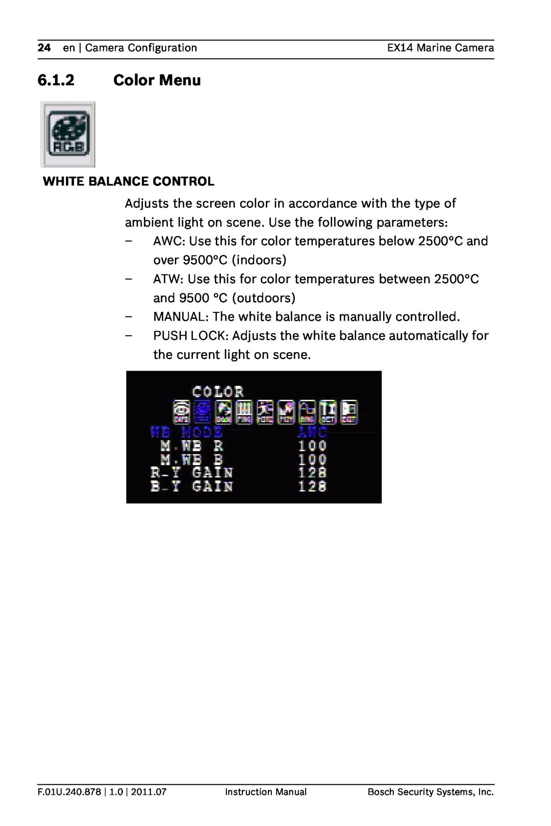 Bosch Appliances EX14 instruction manual Color Menu, White Balance Control 