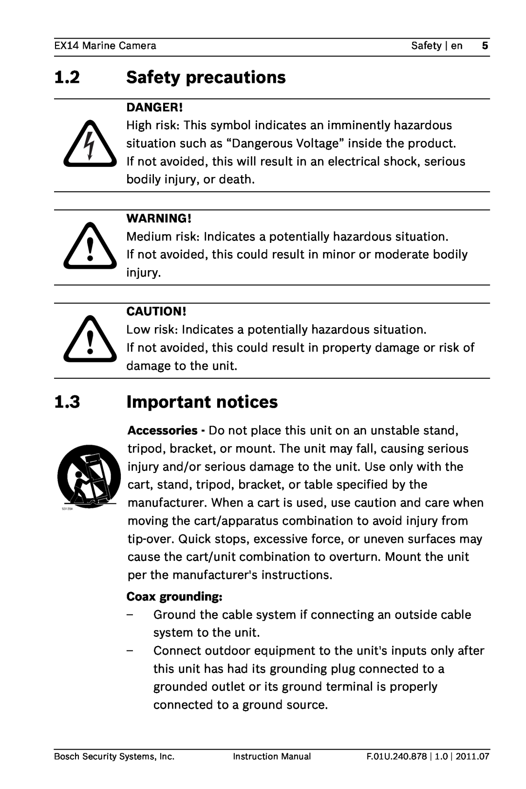 Bosch Appliances EX14 instruction manual Safety precautions, Important notices, Danger, Coax grounding 
