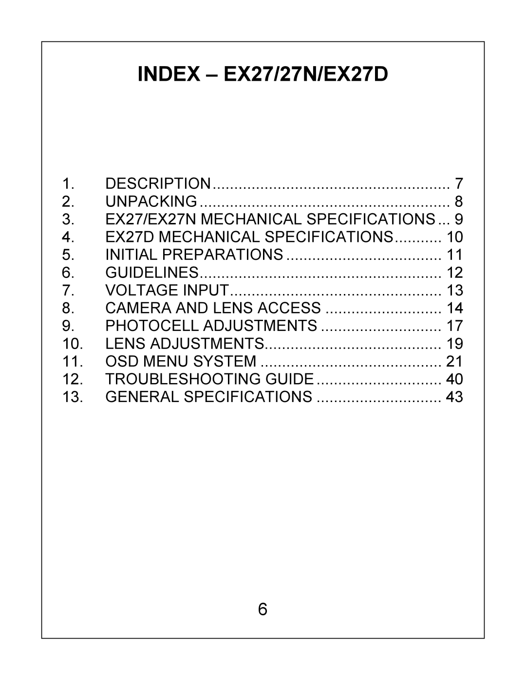 Bosch Appliances installation instructions Index EX27/27N/EX27D 