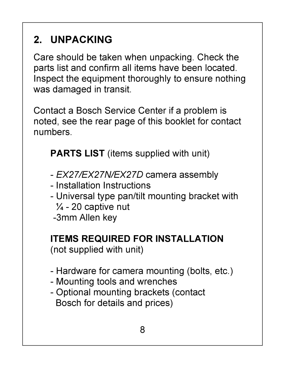 Bosch Appliances installation instructions Unpacking, EX27/EX27N/EX27D camera assembly 