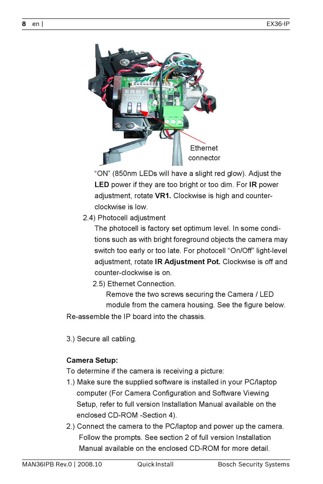 Bosch Appliances EX36-IP installation manual Camera Setup 