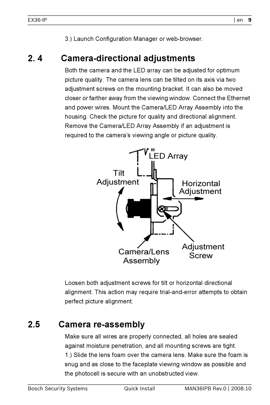 Bosch Appliances EX36-IP installation manual Camera-directional adjustments, Camera re-assembly 