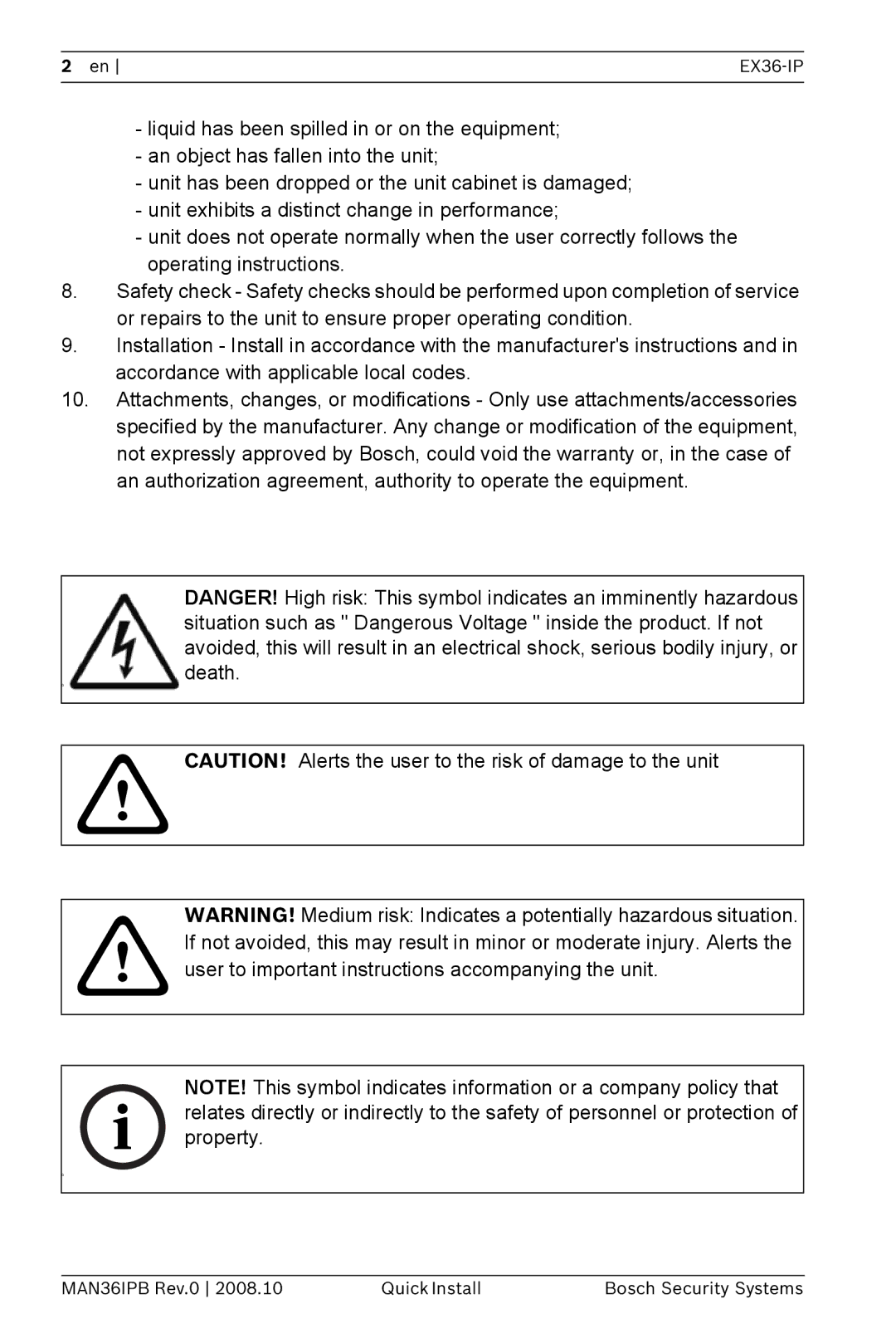 Bosch Appliances EX36-IP installation manual MAN36IPB Rev.0 Quick Install Bosch Security Systems 