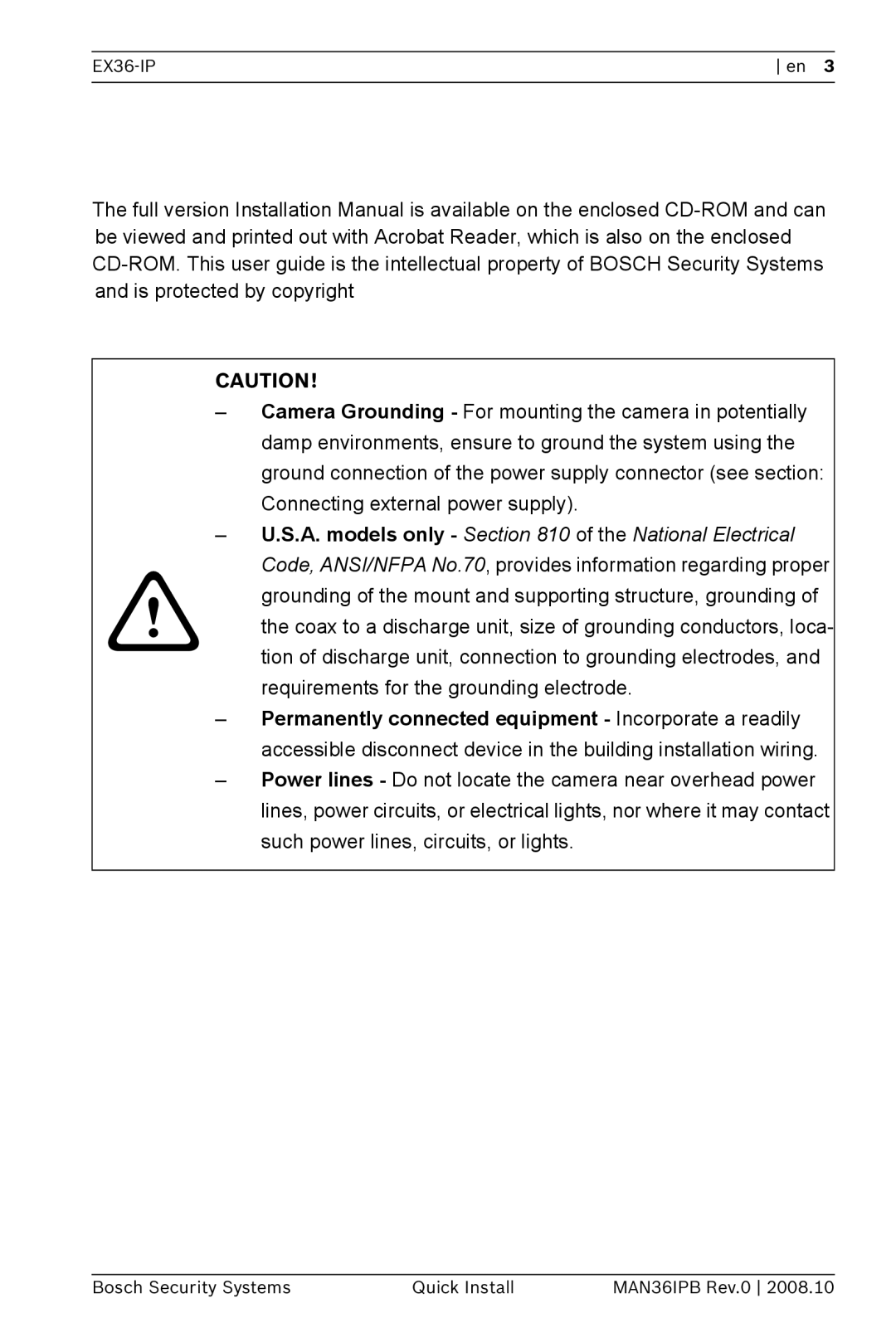 Bosch Appliances EX36-IP installation manual 