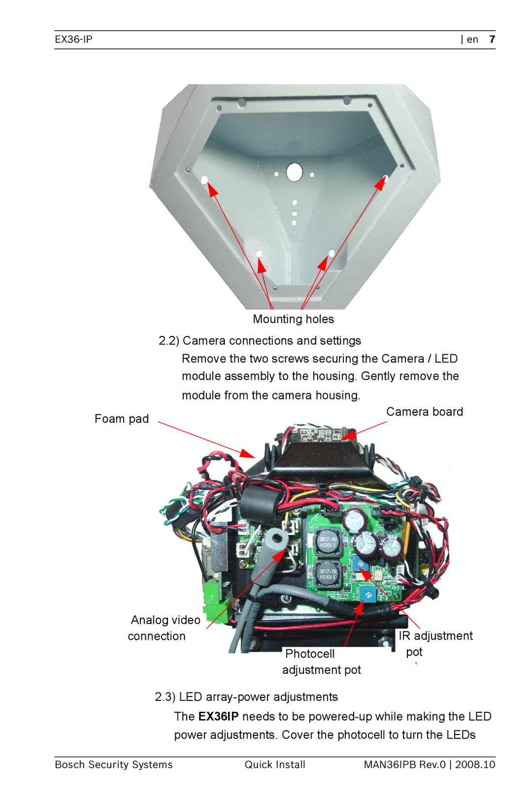 Bosch Appliances EX36-IP installation manual Camera board 